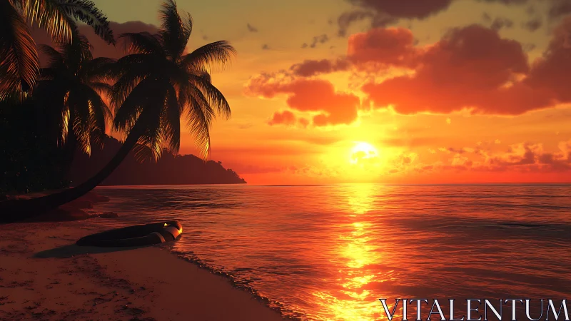 Tropical beach sunset with palm silhouettes and molten sea glow.