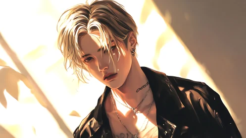 Sunlit rebel draped in chains and honeyed shadows.