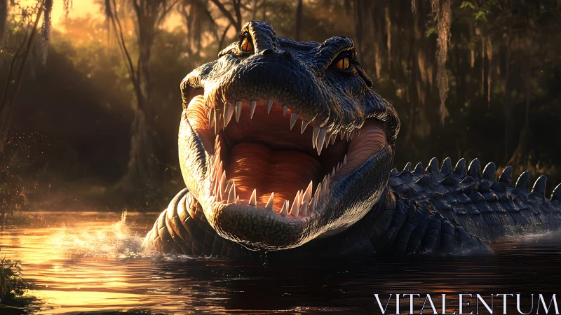 Hyperreal alligator surfacing with jaws agape in golden swamp