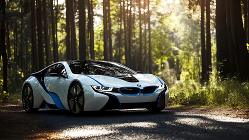 Futuristic hybrid sports car rendered in photorealistic forest light