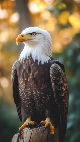 Bald eagle perched on weathered stump in blurred habitat.
