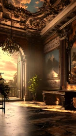 Baroque sunlit gallery interior with ornate ceiling and terrace