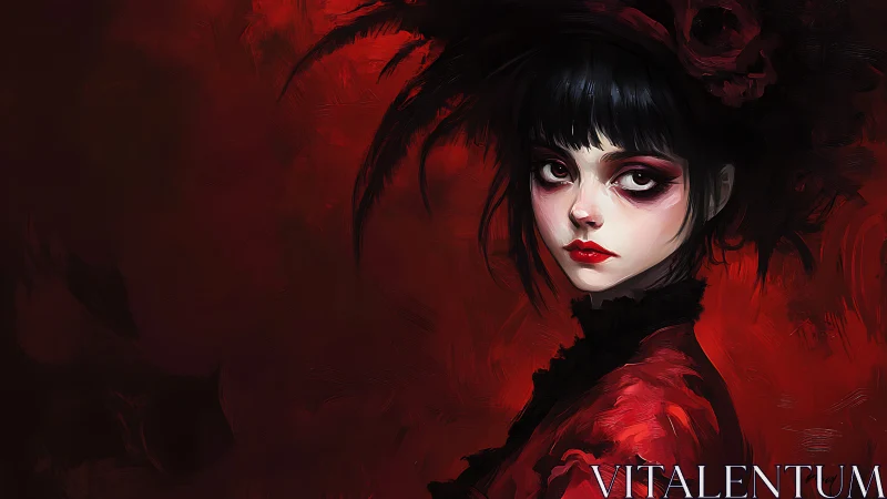 Girl in red dress stares forward against dark red background