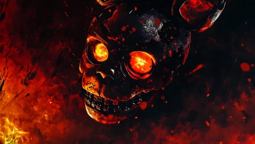 Burning robotic skull descends through molten darkness
