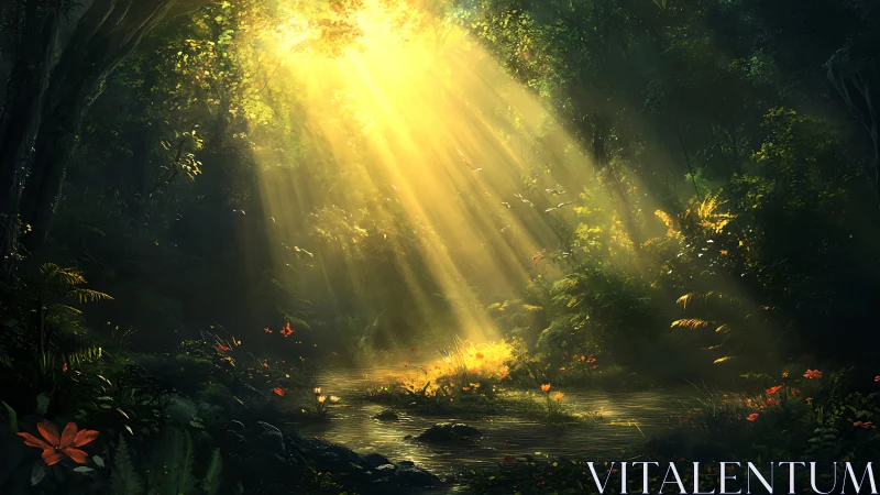 Sunlit forest glade where quiet water meets golden sky.