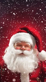 Santa Claus portrait with snowfall on red studio background.