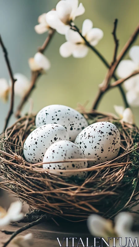Speckled springtime eggs nestle quietly among soft blossoms