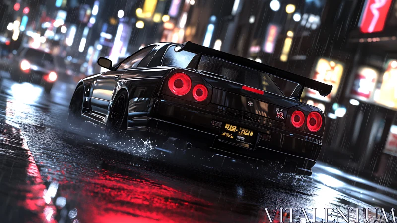 High-gloss GT sports coupe accelerates through wet neon city street