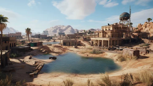 Desert settlement around shallow oasis pool under harsh daylight