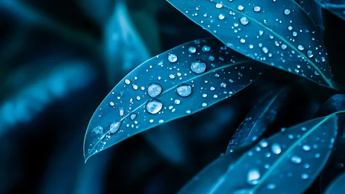 Moonlit raindrops resting on deep blue quiet leaves.