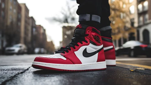 Red and white high-top sneakers on wet urban street pavement.