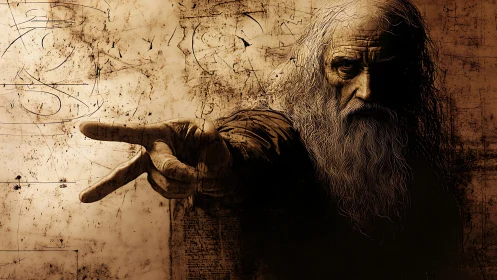 Elder mystic extends hand within sepia architectural script.