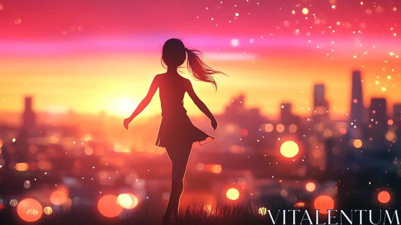 Silhouette of girl before city skyline at vivid sunset.