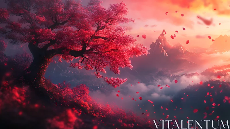 Radiant cherry tree glowing over misty mountain sunrise.