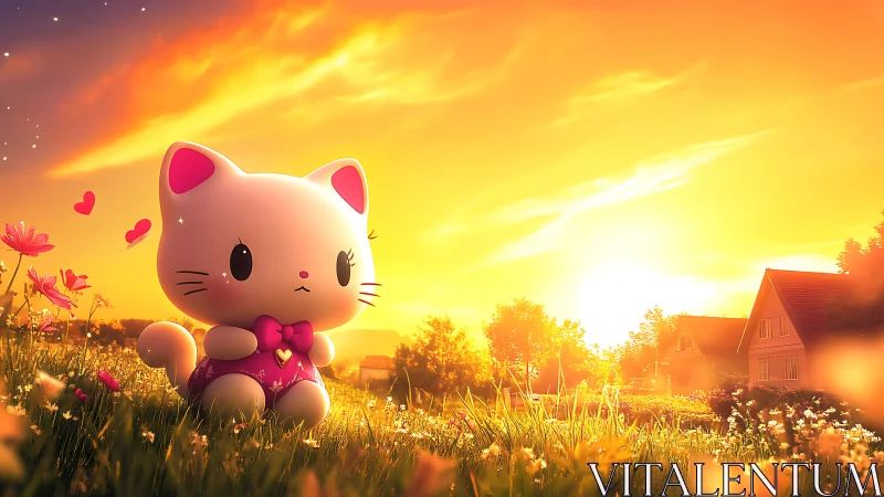 Sunset cuddle-kitten glows in honeyed meadow light.