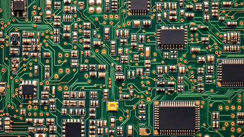 Circuit board cityscape with glowing copper pathways.