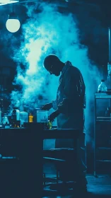 Backlit chemist silhouette amid reactive vapor plume in lab.