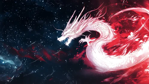 Celestial white dragon spiraling through crimson nebula.