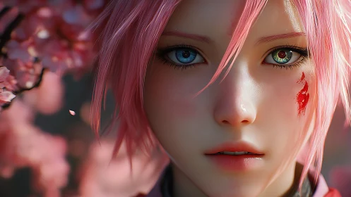 Heterochromatic anime heroine framed by soft sakura bokeh