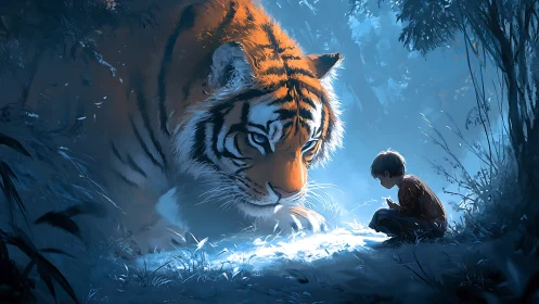 Moonlit jungle tiger with boy in quiet encounter.