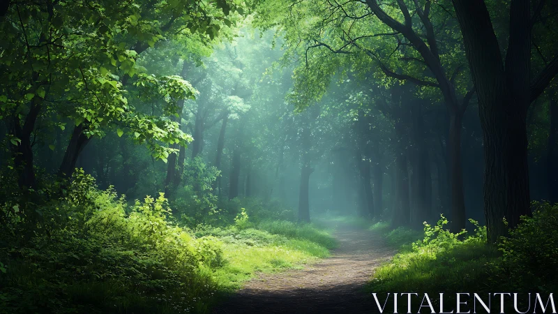 Sunlit forest pathway with lush greenery, misty morning light.