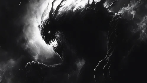 Monochrome void beast emerges through high-contrast vapor