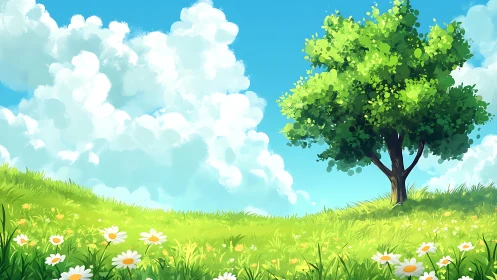 Sunny hillside daydream beneath a lone whispering tree.