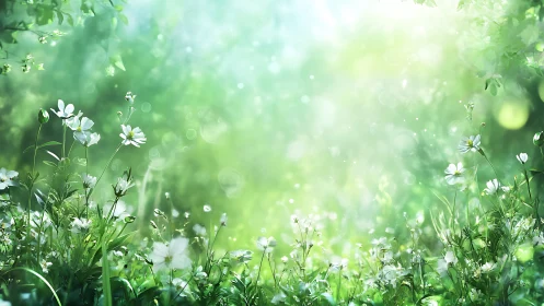 Luminous Garden Dream: White Flowers Dance Through Spring's Ethereal Glow.