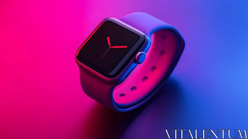 Modern smartwatch in vibrant pink and blue lighting, digital art style.
