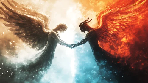 Bilateral angel demon dyad rendered in high contrast elemental color fields
