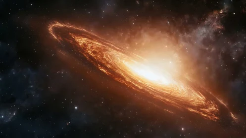 Spiral galaxy rendered with luminous orange accretion disk