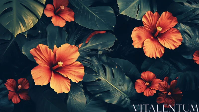Tropical Hibiscus Blooms Against Deep Foliage: Digital Floral Study.
