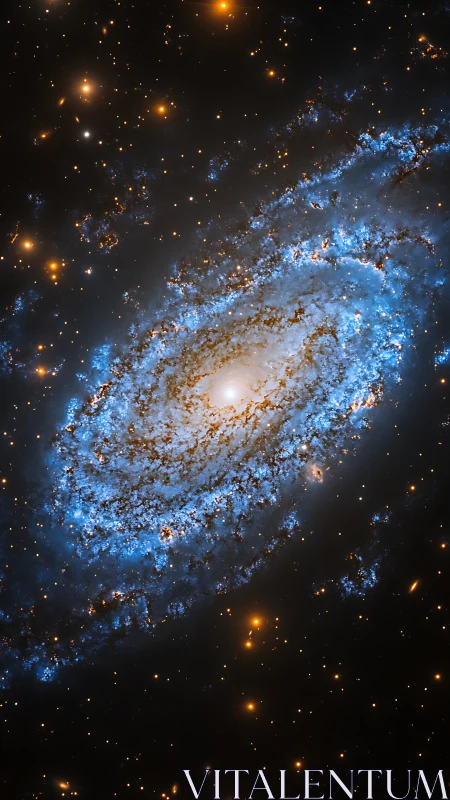 Spiral galaxy core glows amid blue star-forming arms in space