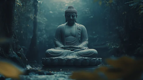 Serene Buddha statue meditates in misty twilight forest