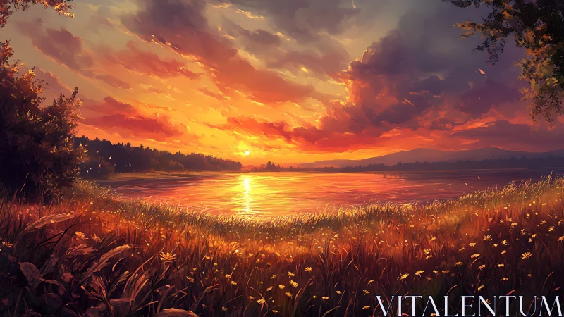 Lake shoreline under layered clouds at low orange sunset.