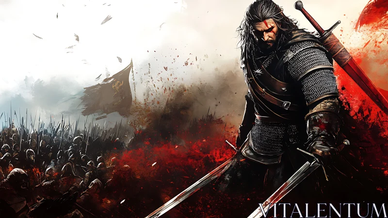 Armored swordsman in crimson battle haze facing charging army