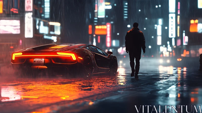 Neon-lit supercar idles in rain beside lone figure at night