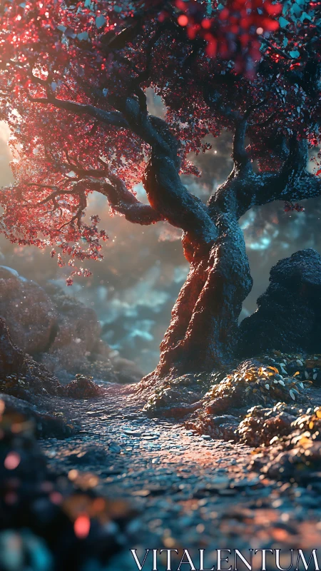 Crimson dreamtree bends low to guard the glowing forest path