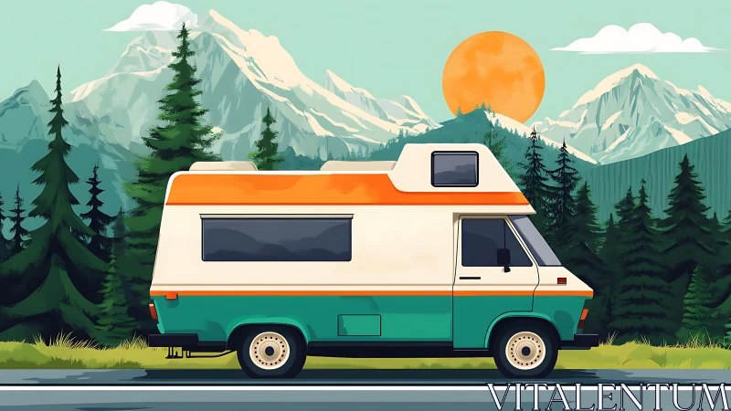 Retro campervan elevation amid vector-styled alpine range.