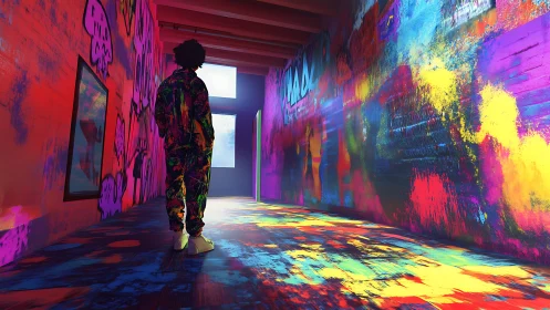 Neon graffiti hallway surrounds a lone figure in glowing light.