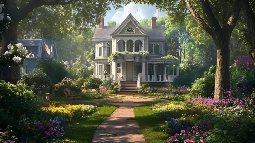 Victorian house stands in lush sunlit garden landscape