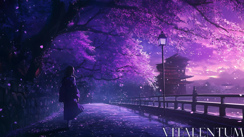 Solitary walk beneath violet cherry blossoms at dusk