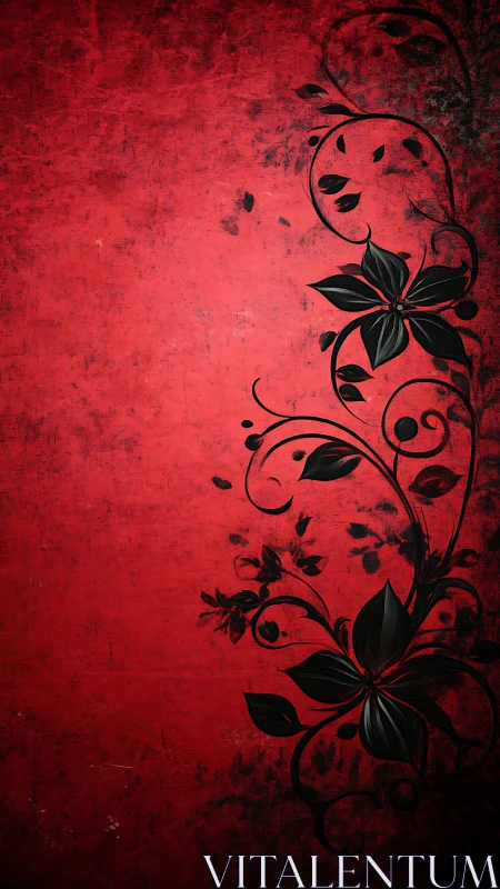Red Floral Grunge Background with Black Scrolling Vines