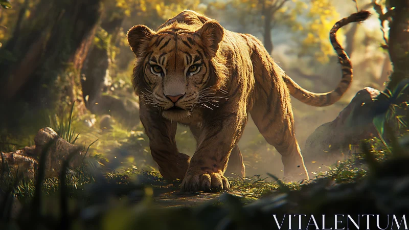 Cinematic tiger stalking through sunlit misty jungle path.