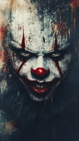 Distressed white-faced clown portrait with dark background.