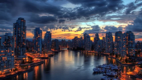 Harborfront skyscrapers glow against a stormy sunset sky