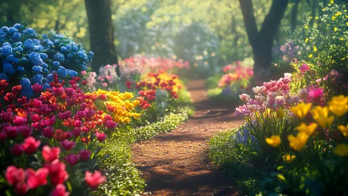 Sunlit Garden Path Through Blooming Flower Beds