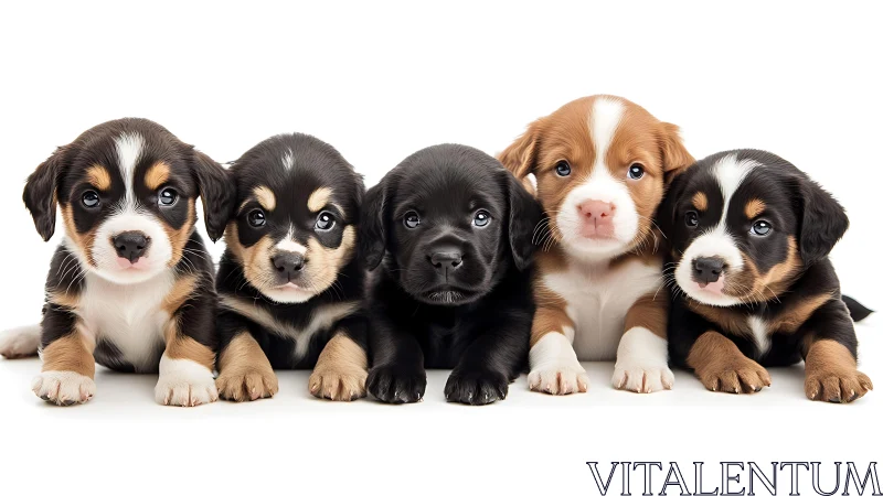 Symmetrical lineup of five multicolored puppies on white