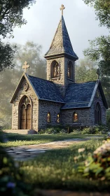 Stone chapel basks in soft morning light amid lush garden.