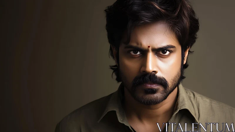 Intense male portrait uses hard frontal lighting and shallow depth